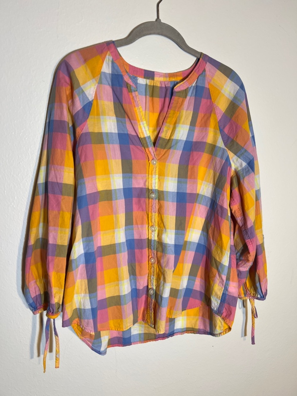 Cotton Colorful Plaid Checkered Button-Front Top - Yellow, Pink, Blue Large